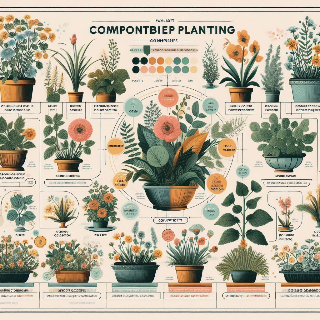 A visually appealing chart or infographic showcasing different companion planting combinations. It includes illustrations of plants grouped together based on their compatibility, along with brief descriptions highlighting the benefits of each pairing.